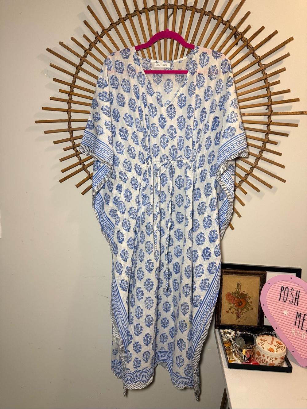 Summerhouse Womens White and Blue Block Print Caftan Cover Up Swim Vacation OS